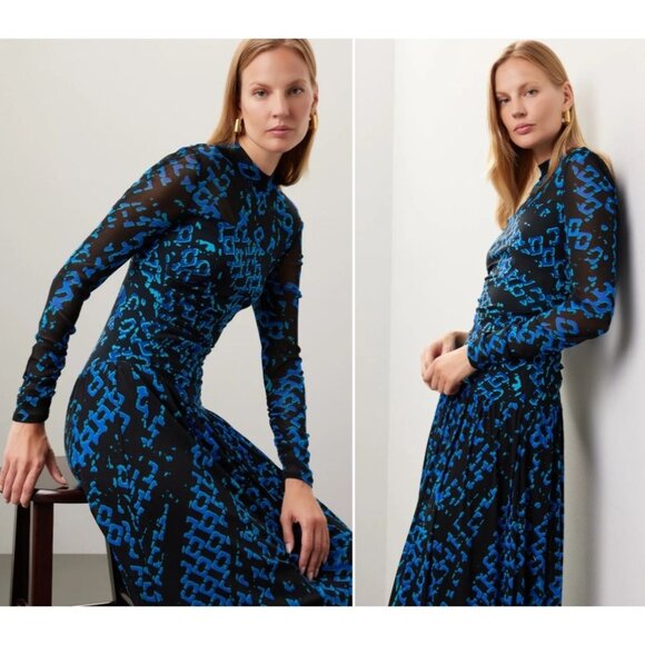 Diane Von Furstenberg Blue & Black Long-Sleeve Maxi Dress Medium - Picture 1 of 13
